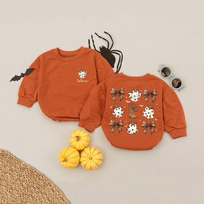 Custom Cowboy Ghost Romper Halloween Baby Outfit Bow Spooky Western Baby Gift First Halloween Personalized