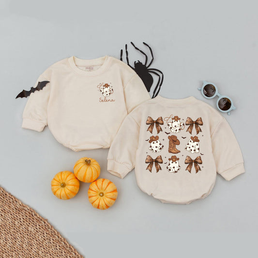 Custom Cowboy Ghost Romper Halloween Baby Outfit Bow Spooky Western Baby Gift First Halloween Personalized