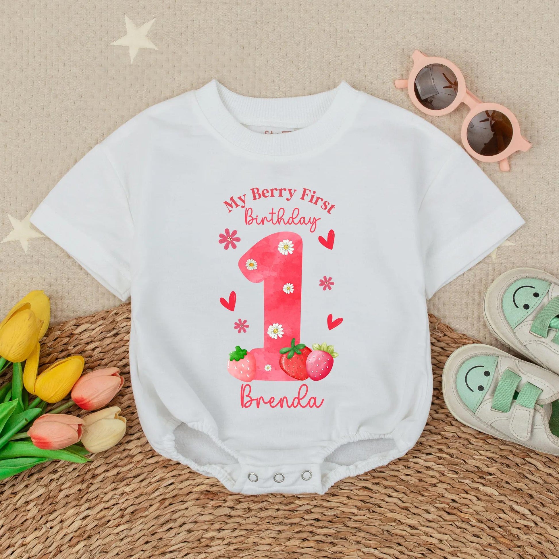 Personalized My Berry First Birthday Baby Girl Romper Strawberry Daisy Watercolor Hearts Custom Name 1st Birthday Outfit Gift