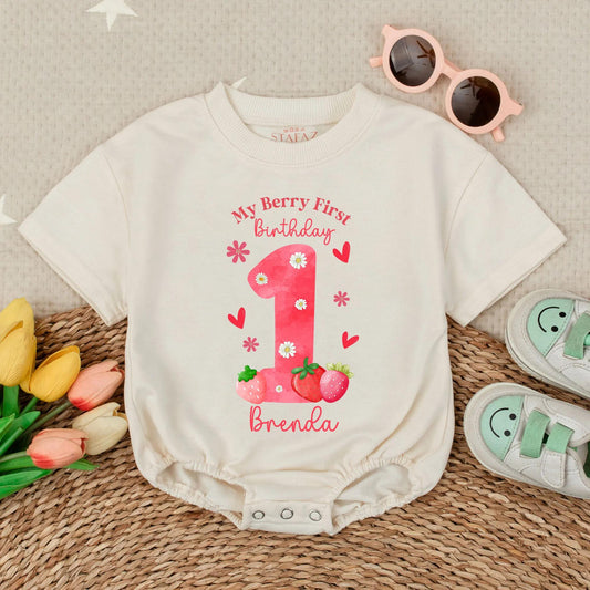 Personalized My Berry First Birthday Baby Girl Romper Strawberry Daisy Watercolor Hearts Custom Name 1st Birthday Outfit Gift