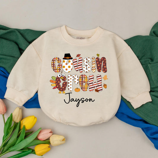 Personalized Cousin Crew Baby Romper with Adorable Thanksgiving Turkey Design, First Fall Celebration Outfit for Boys Girls, Cute Baby Shower Gift
