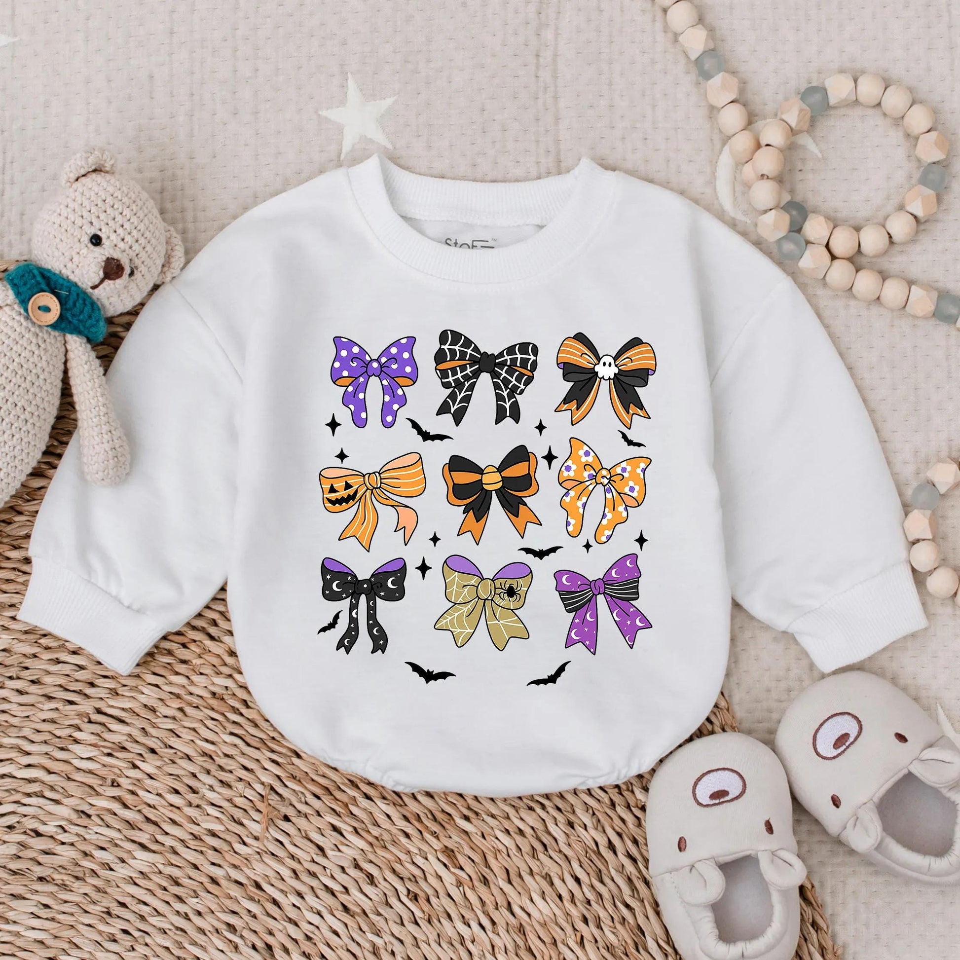 Retro Halloween Baby Girl Romper with Bow Toddler Pumpkin Outfit Spooky Season Costume Fall Bodysuit Spooky Baby Clothes