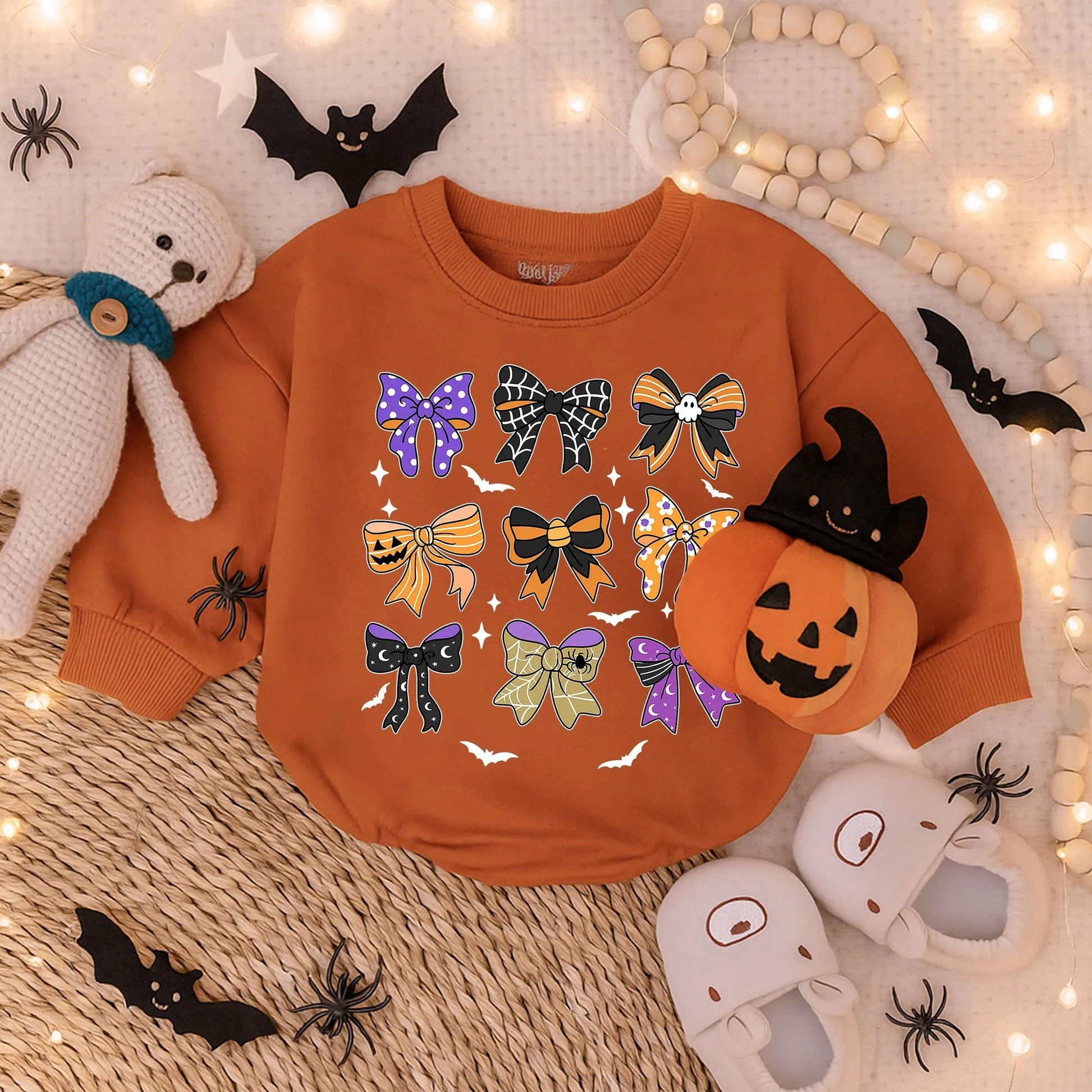 Retro Halloween Baby Girl Romper with Bow Toddler Pumpkin Outfit Spooky Season Costume Fall Bodysuit Spooky Baby Clothes