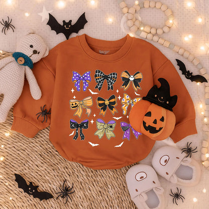 Retro Halloween Baby Girl Romper with Bow Toddler Pumpkin Outfit Spooky Season Costume Fall Bodysuit Spooky Baby Clothes
