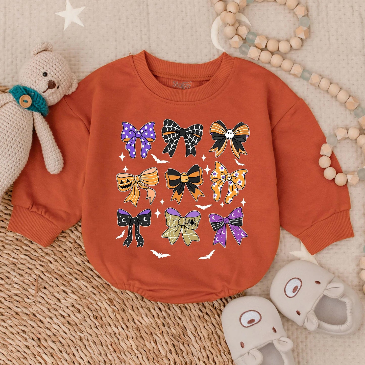 Retro Halloween Baby Girl Romper with Bow Toddler Pumpkin Outfit Spooky Season Costume Fall Bodysuit Spooky Baby Clothes