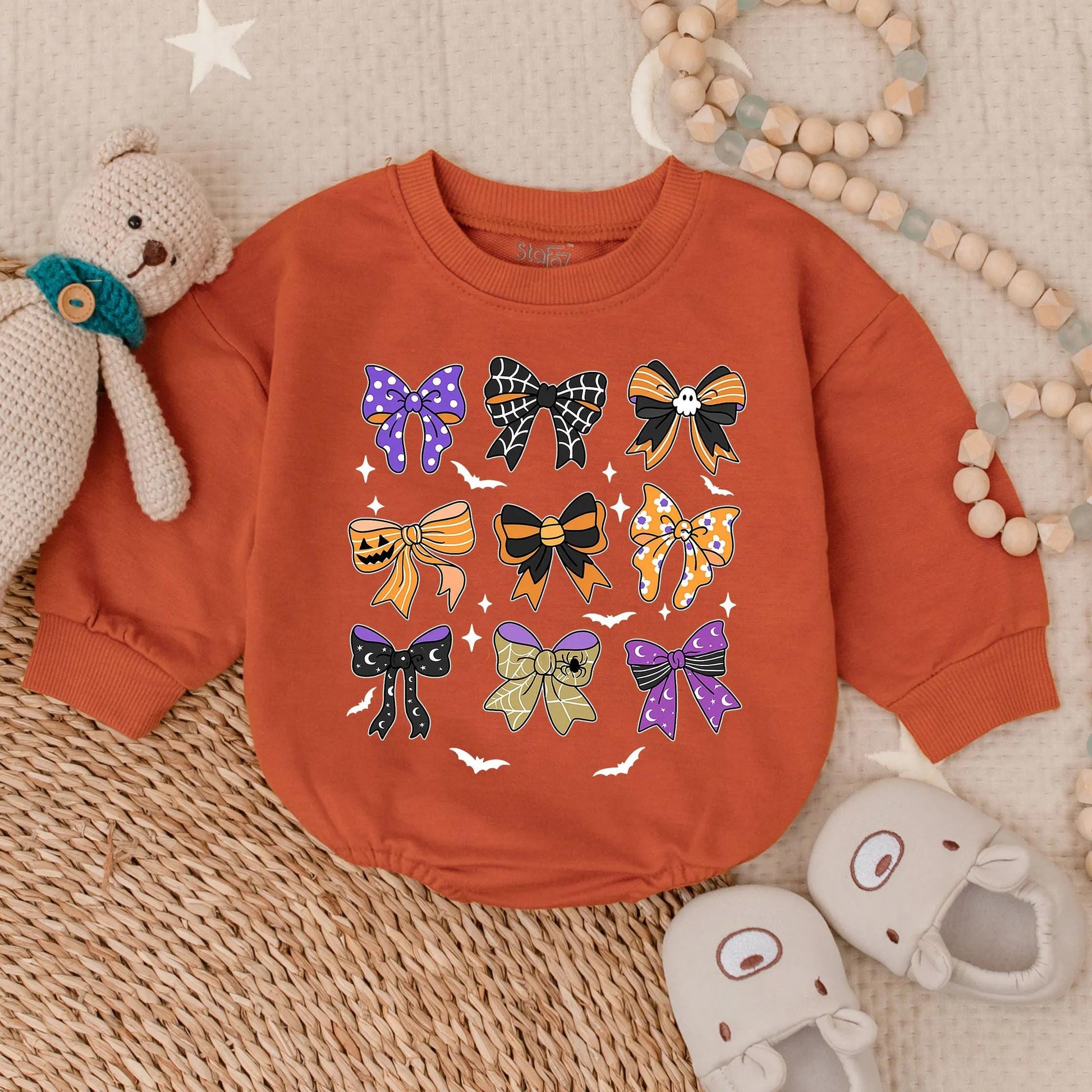 Retro Halloween Baby Girl Romper with Bow Toddler Pumpkin Outfit Spooky Season Costume Fall Bodysuit Spooky Baby Clothes