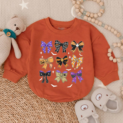 Retro Halloween Baby Girl Romper with Bow Toddler Pumpkin Outfit Spooky Season Costume Fall Bodysuit Spooky Baby Clothes