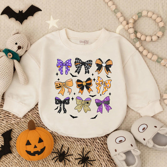 Retro Halloween Baby Girl Romper with Bow Toddler Pumpkin Outfit Spooky Season Costume Fall Bodysuit Spooky Baby Clothes