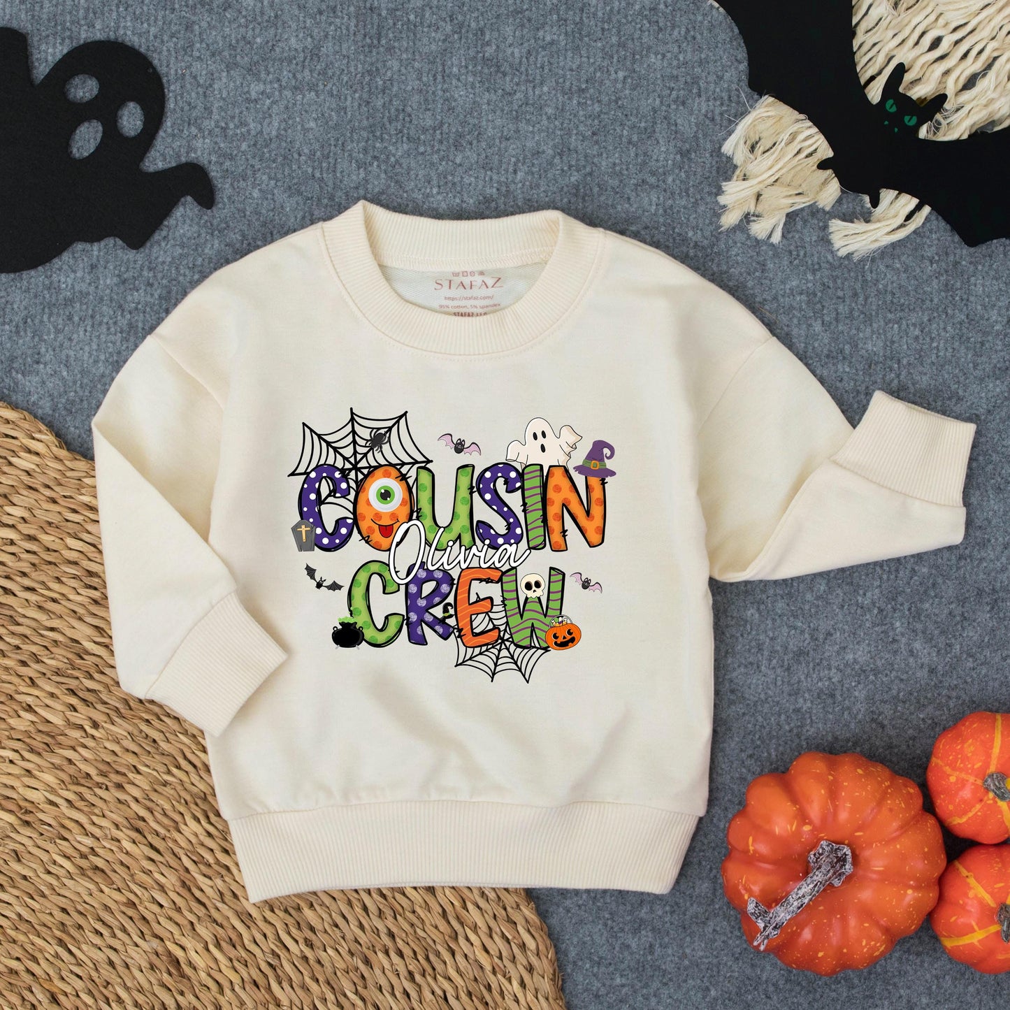 Custom Cousin Crew Halloween Sweatshirt with Personalized Name Spooky Cartoon Bat Ghost Pumpkin Designs for Toddler Baby Kids Family Trip Outfits