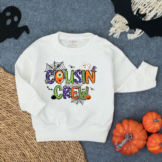 Custom Cousin Crew Halloween Sweatshirt with Personalized Name Spooky Cartoon Bat Ghost Pumpkin Designs for Toddler Baby Kids Family Trip Outfits