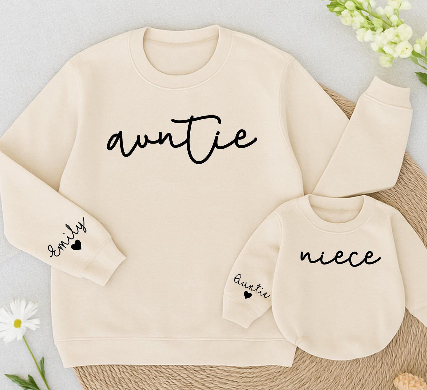 Custom Auntie and Niece Matching Sweaters with Heart Design Minimalist Cursive Text Gifts for Aunt Niece Soft Comfortable Cotton Family Outfits