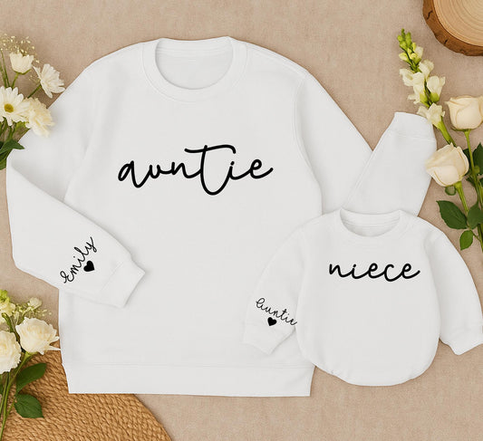 Custom Auntie and Niece Matching Sweaters with Heart Design Minimalist Cursive Text Gifts for Aunt Niece Soft Comfortable Cotton Family Outfits