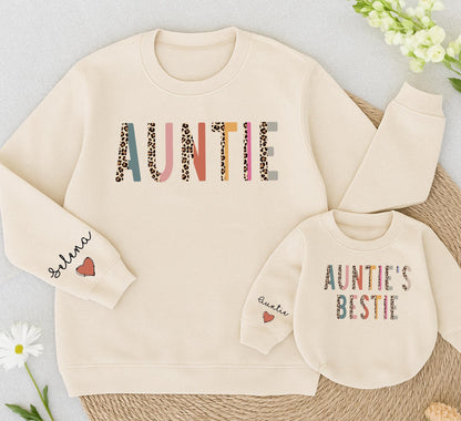 Auntie & Me Matching Sweatshirts, Auntie's Bestie Outfit with Colorful Letters, Leopard Print, Personalized Aunt Gift, Family Matching, Custom Name Sleeve