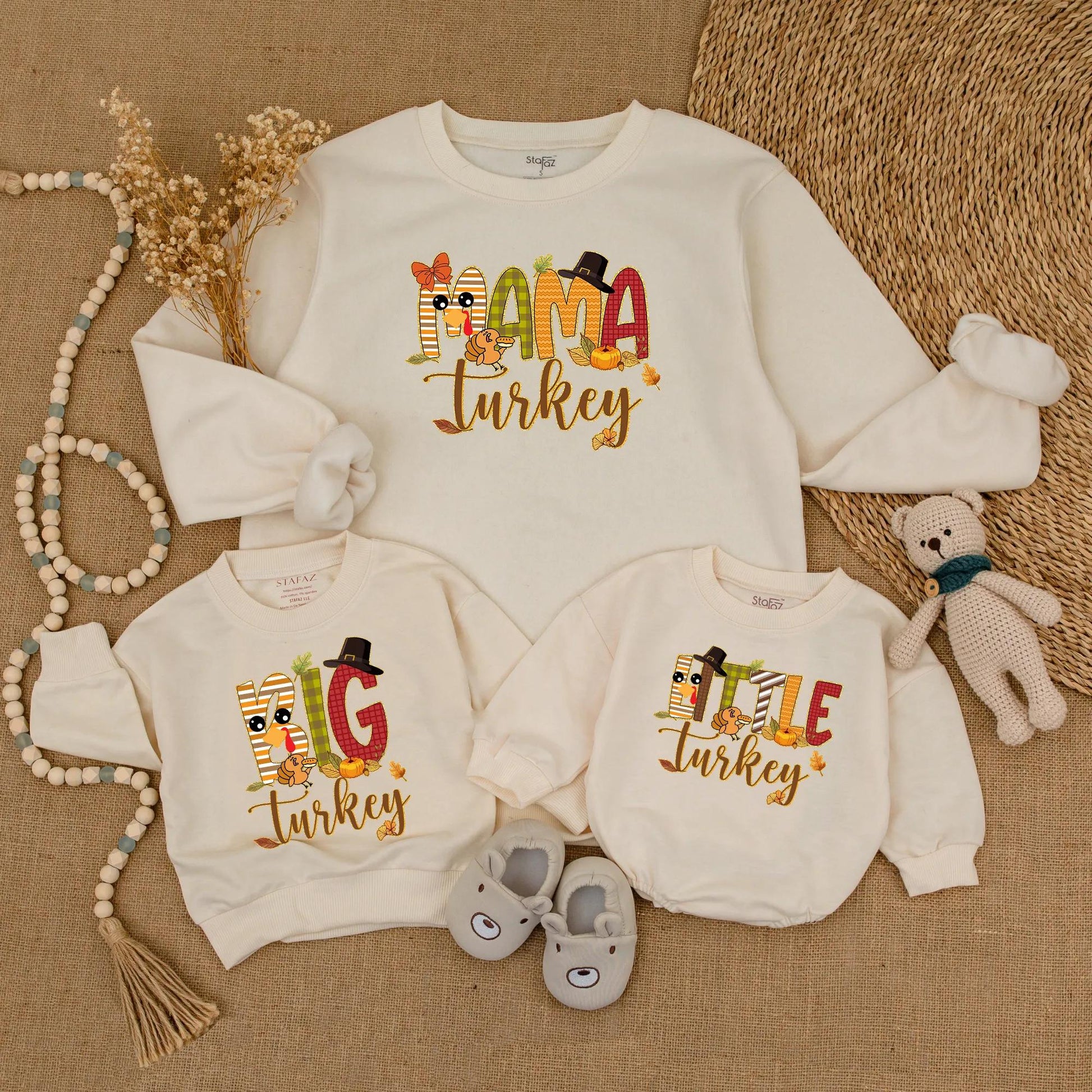 Matching Family Thanksgiving Sweatshirts, Funny Turkey Day Outfits! Cute Cartoon Turkey, Pumpkins & Leaves Design, Personalized Fall Dinner Apparel