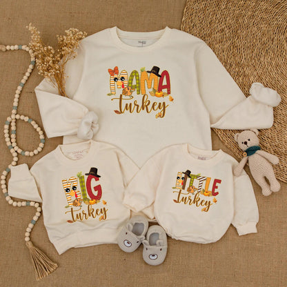 Matching Family Thanksgiving Sweatshirts, Funny Turkey Day Outfits! Cute Cartoon Turkey, Pumpkins & Leaves Design, Personalized Fall Dinner Apparel