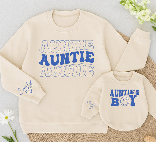 Personalized Auntie & Me Sweatshirt Set, Retro Groovy Matching Family Shirts, Custom Name Sleeve Detail, Cute Auntie's Boy Lightning Bolt Christmas Gift