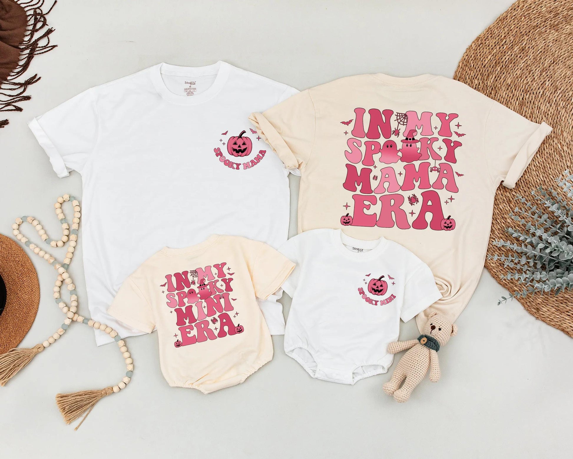 Spooky Mama & Mini Matching Halloween Shirts, Retro Pink Bats & Pumpkins In My Era Family Outfit, Cute Mom & Baby Gift