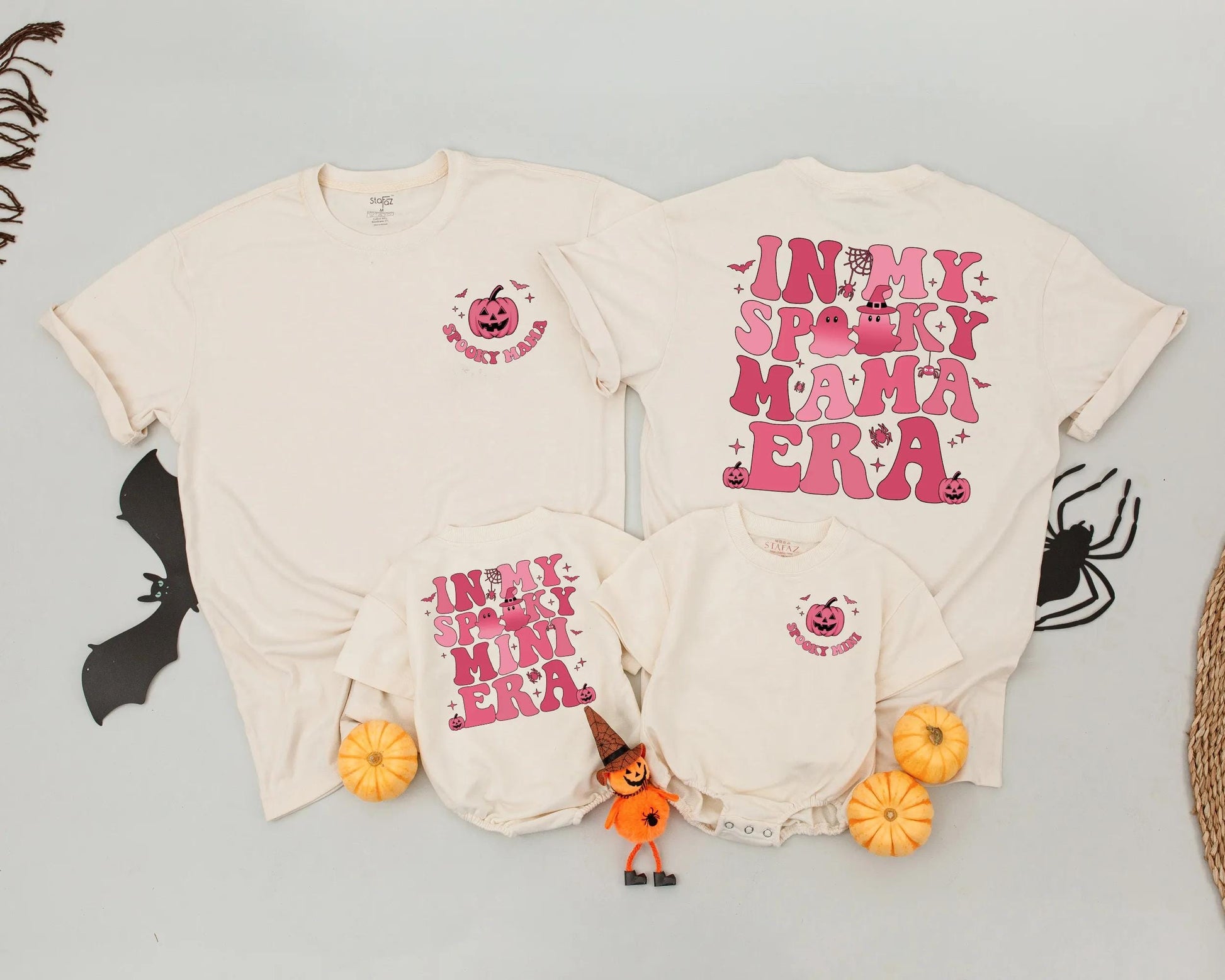 Spooky Mama & Mini Matching Halloween Shirts, Retro Pink Bats & Pumpkins In My Era Family Outfit, Cute Mom & Baby Gift