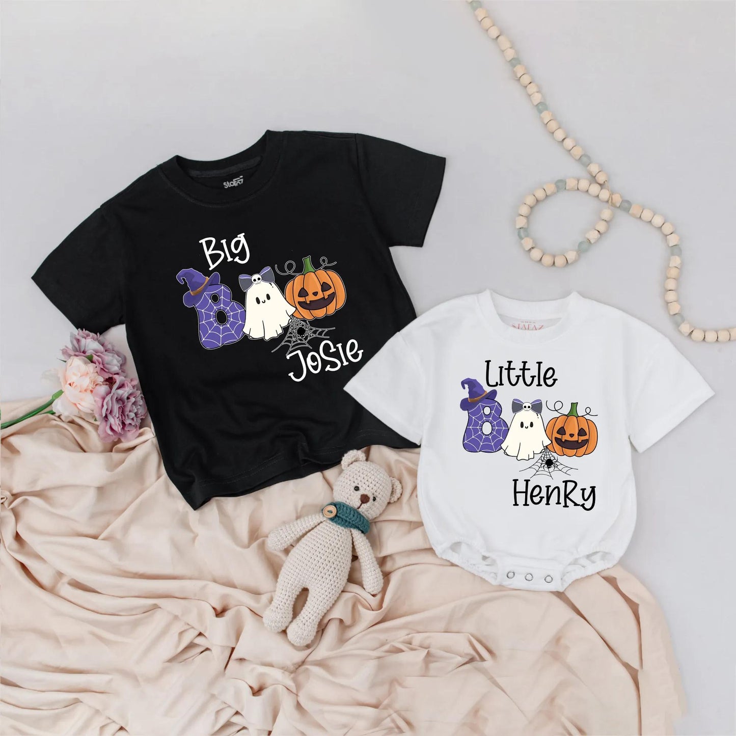 Personalized Big Boo Little Boo Halloween Shirts, Matching Sibling Outfit, Custom Name Spiderweb Ghost Pumpkin Tee, Cute Family Costume Gift 139 chars