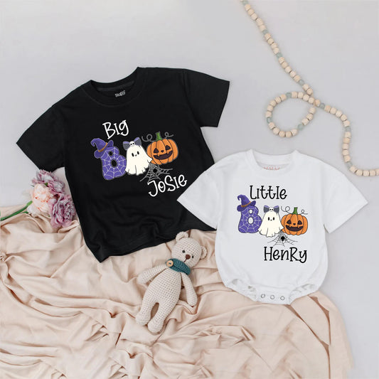 Personalized Big Boo Little Boo Halloween Shirts, Matching Sibling Outfit, Custom Name Spiderweb Ghost Pumpkin Tee, Cute Family Costume Gift 139 chars