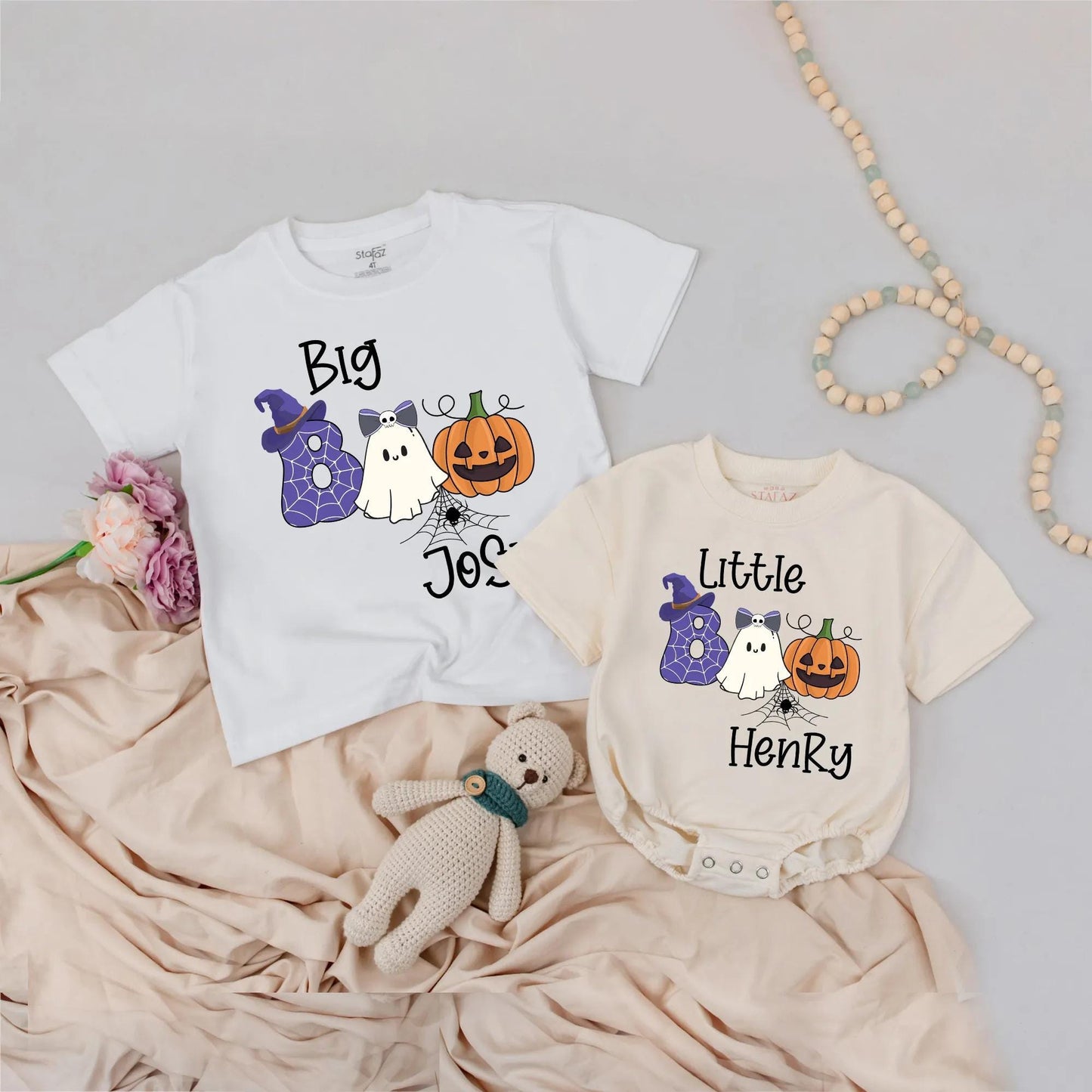 Personalized Big Boo Little Boo Halloween Shirts, Matching Sibling Outfit, Custom Name Spiderweb Ghost Pumpkin Tee, Cute Family Costume Gift 139 chars