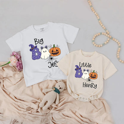 Personalized Big Boo Little Boo Halloween Shirts, Matching Sibling Outfit, Custom Name Spiderweb Ghost Pumpkin Tee, Cute Family Costume Gift 139 chars