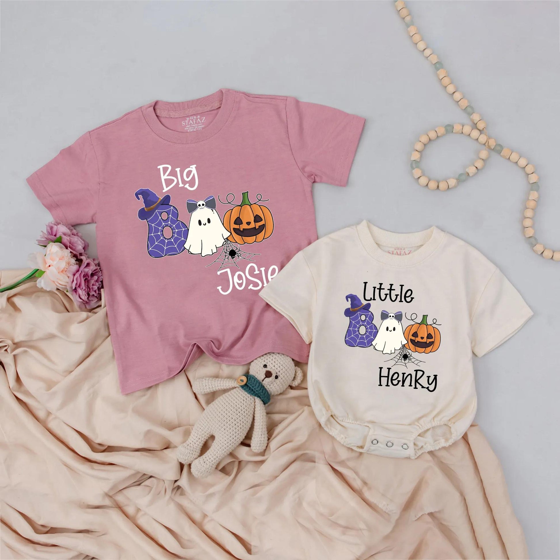 Personalized Big Boo Little Boo Halloween Shirts, Matching Sibling Outfit, Custom Name Spiderweb Ghost Pumpkin Tee, Cute Family Costume Gift 139 chars