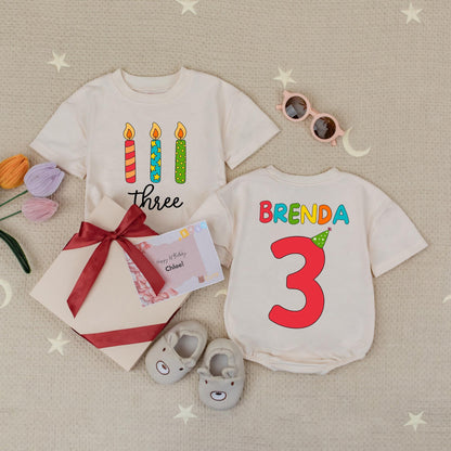 Brenda's 3rd Birthday Romper: Rainbow Name & Candles! Personalized Three Year Old Tee, Girl Boy Turning Three Gift, Custom Party Outfit, Cake Smash 