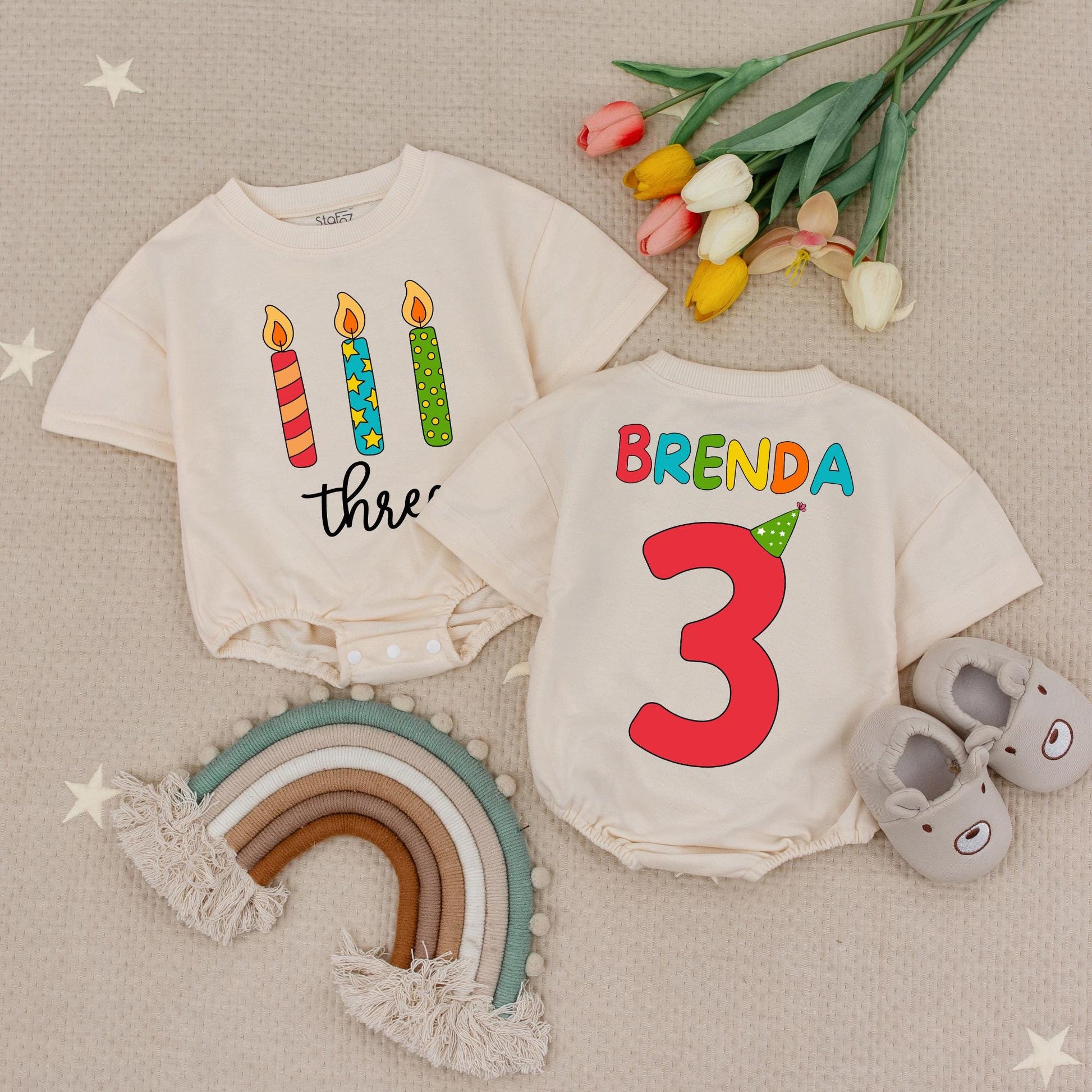 Brenda's 3rd Birthday Romper: Rainbow Name & Candles! Personalized Three Year Old Tee, Girl Boy Turning Three Gift, Custom Party Outfit, Cake Smash 