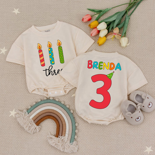 Brenda's 3rd Birthday Romper: Rainbow Name & Candles! Personalized Three Year Old Tee, Girl Boy Turning Three Gift, Custom Party Outfit, Cake Smash 