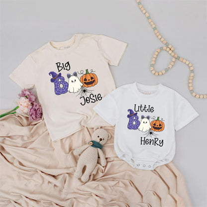 Personalized Big Boo Little Boo Halloween Shirts, Matching Sibling Outfit, Custom Name Spiderweb Ghost Pumpkin Tee, Cute Family Costume Gift 139 chars