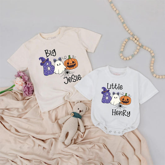 Personalized Big Boo Little Boo Halloween Shirts, Matching Sibling Outfit, Custom Name Spiderweb Ghost Pumpkin Tee, Cute Family Costume Gift 139 chars