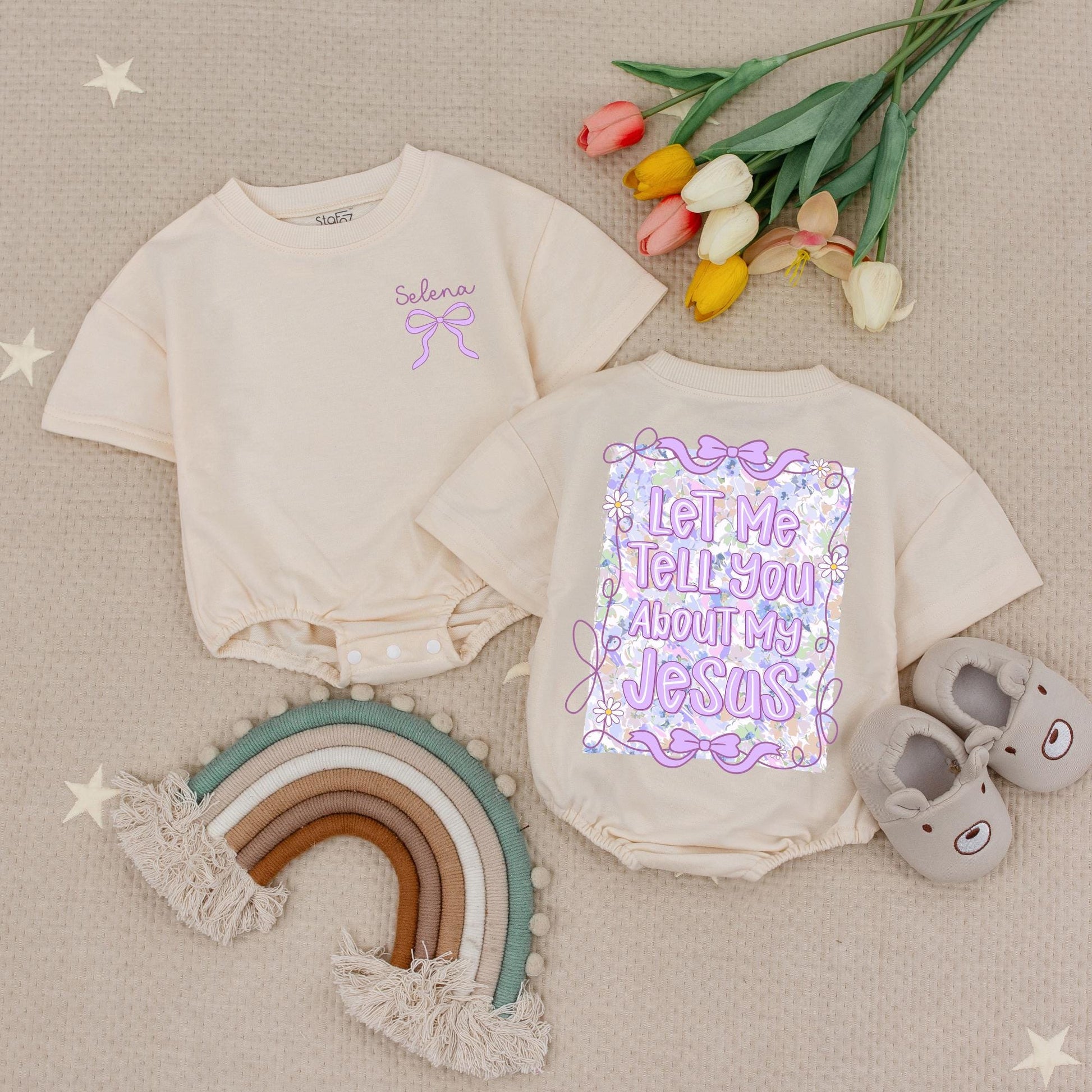 Selena Purple Bow Baby Romper, "Let Me Tell You About My Jesus" Bodysuit, Wildflower Christian Infant Outfit, Faith Inspired Girl Clothes, Gift 138chars