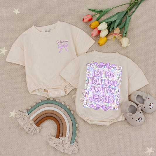 Selena Purple Bow Baby Romper, "Let Me Tell You About My Jesus" Bodysuit, Wildflower Christian Infant Outfit, Faith Inspired Girl Clothes, Gift 138chars