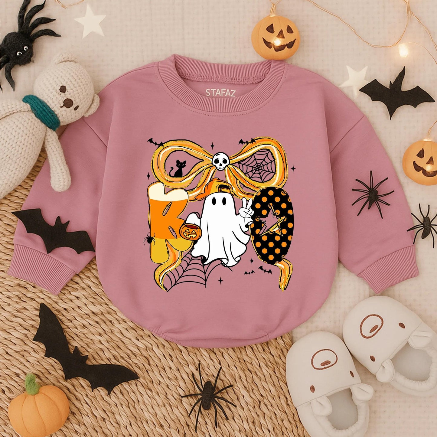 Spooky Boo Halloween Bubble Romper for Baby Boy or Girl with Ghost Candy Corn & Bat Ribbon Toddler Outfit