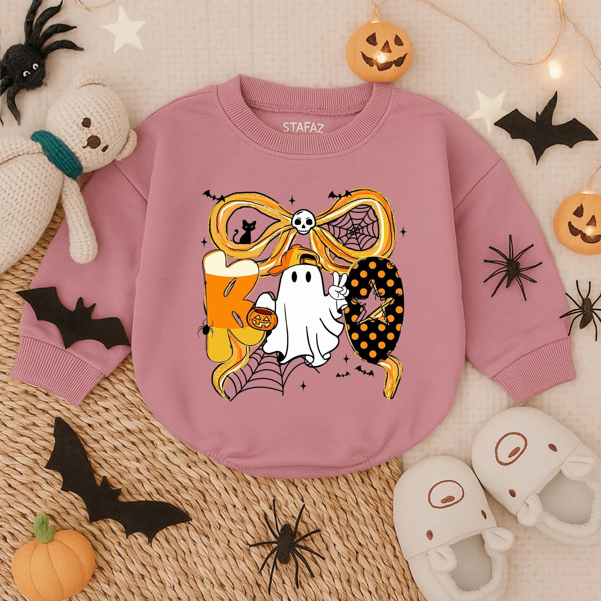 Spooky Boo Halloween Bubble Romper for Baby Boy or Girl with Ghost Candy Corn & Bat Ribbon Toddler Outfit