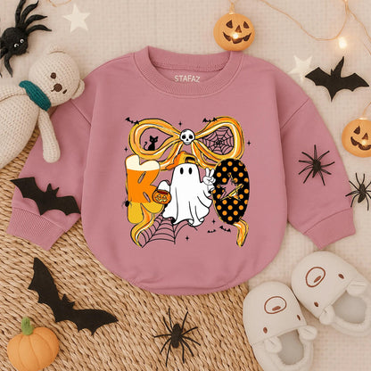 Spooky Boo Halloween Bubble Romper for Baby Boy or Girl with Ghost Candy Corn & Bat Ribbon Toddler Outfit