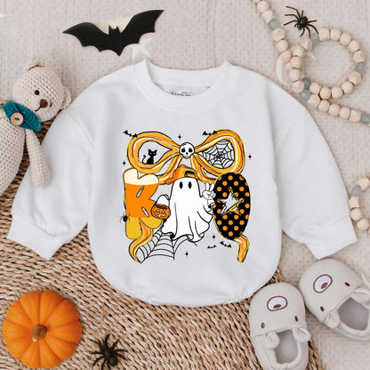 Spooky Boo Halloween Bubble Romper for Baby Boy or Girl with Ghost Candy Corn & Bat Ribbon Toddler Outfit