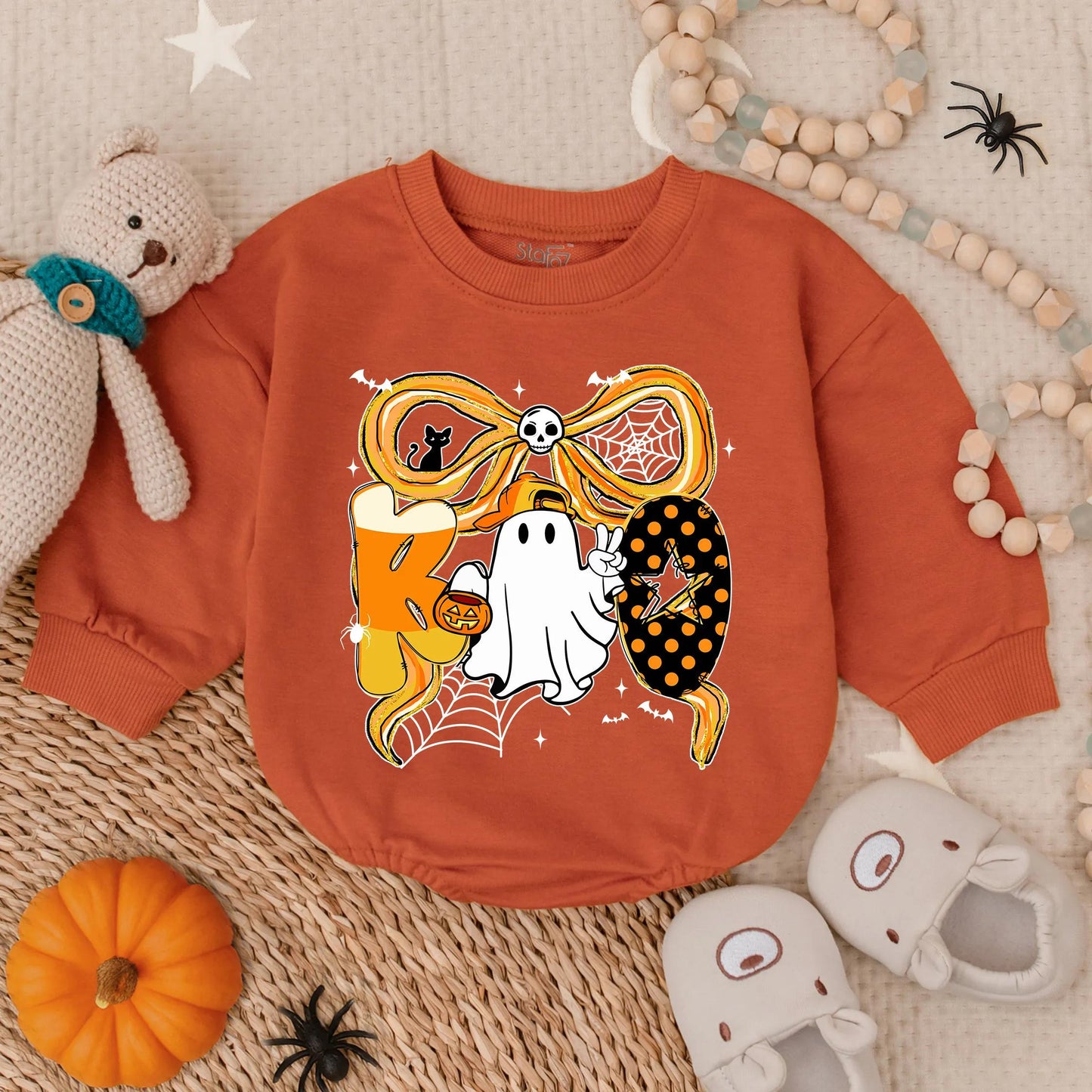 Spooky Boo Halloween Bubble Romper for Baby Boy or Girl with Ghost Candy Corn & Bat Ribbon Toddler Outfit