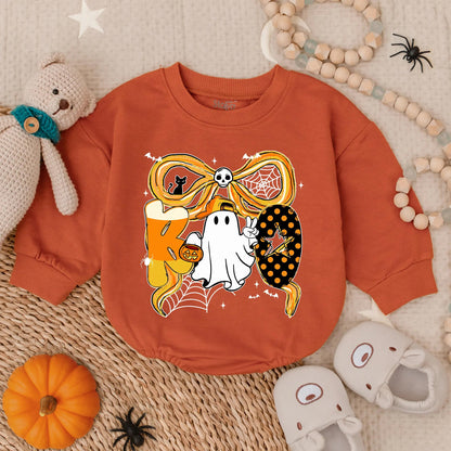 Spooky Boo Halloween Bubble Romper for Baby Boy or Girl with Ghost Candy Corn & Bat Ribbon Toddler Outfit
