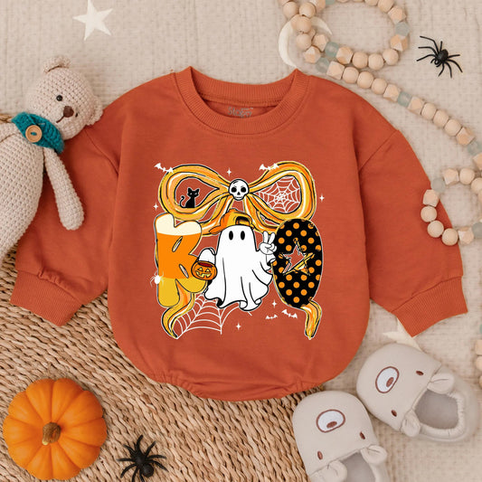Spooky Boo Halloween Bubble Romper for Baby Boy or Girl with Ghost Candy Corn & Bat Ribbon Toddler Outfit