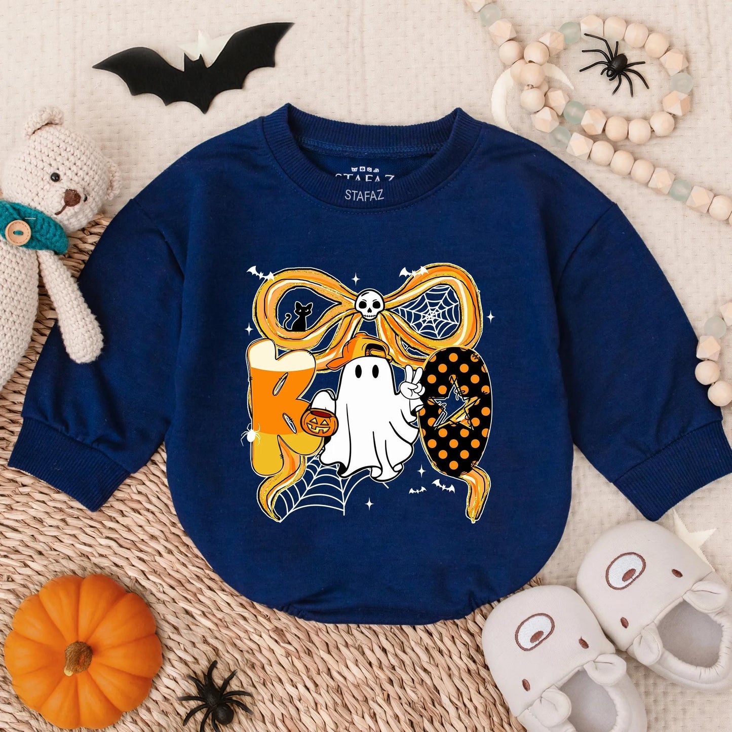 Spooky Boo Halloween Bubble Romper for Baby Boy or Girl with Ghost Candy Corn & Bat Ribbon Toddler Outfit
