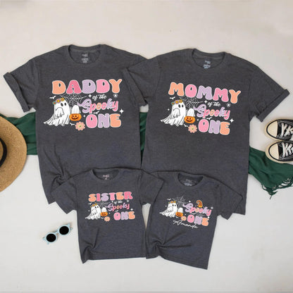 Matching Spooky One Family Halloween Shirts Personalized with Names Retro Ghost Tee for Mom Dad Sister - Cute Fall Outfit Spiderwebs & Flowers