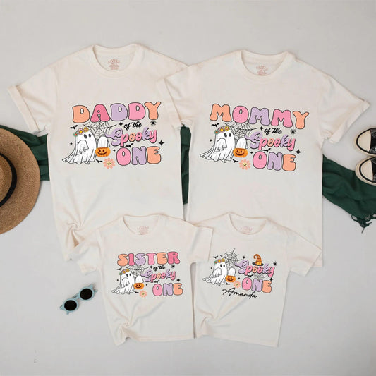 Matching Spooky One Family Halloween Shirts Personalized with Names Retro Ghost Tee for Mom Dad Sister - Cute Fall Outfit Spiderwebs & Flowers