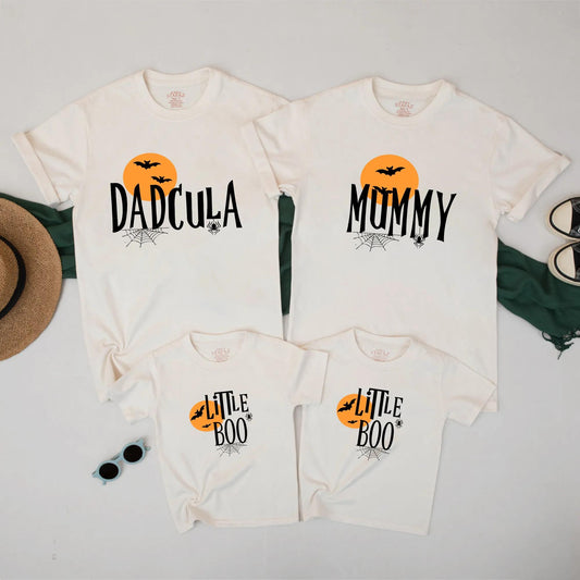 Matching Halloween Family Shirts - Dadcula, Mummy & Little Boo Tees with Spooky Bats & Moon - Cute & Fun Family Halloween Outfits
