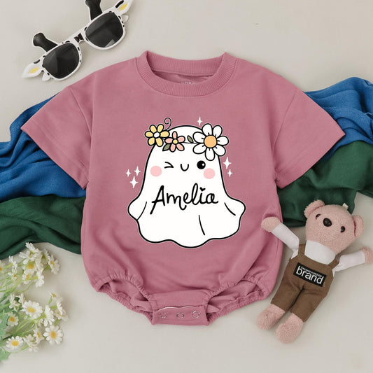 Amelia Personalized Halloween Ghost Baby Girl Romper, Cute Boo Floral Crown Design, First Halloween Outfit, Spooky Season Baby Gift