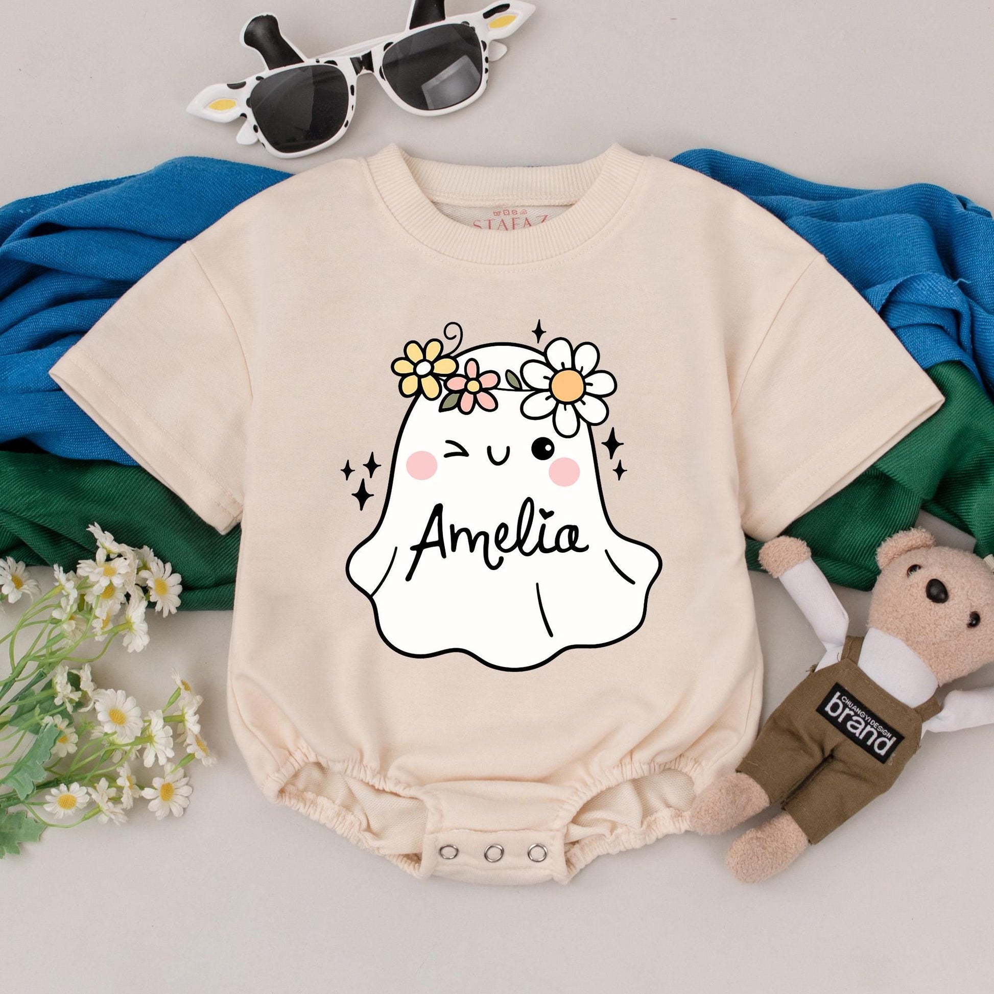 Amelia Personalized Halloween Ghost Baby Girl Romper, Cute Boo Floral Crown Design, First Halloween Outfit, Spooky Season Baby Gift