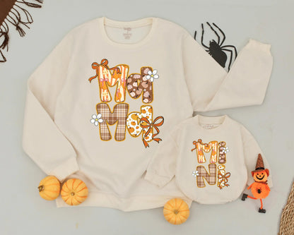 Mommy and Me Halloween Sweatshirt Set, Retro Mama Mini Outfit with Gold Glitter Pumpkins & Flowers, Cute Matching Family Sweaters, Spooky Season Style (138)