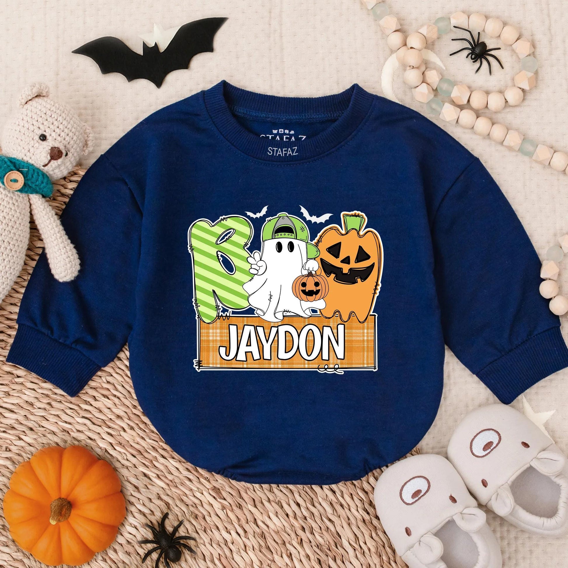 Boo Halloween Baby Boy Romper Sweatshirt, Cute Ghost & Pumpkin Outfit, Custom Jaydon Name Plaid Banner, Fall Baby Costume, Boo Clothes