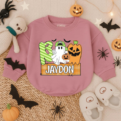 Boo Halloween Baby Boy Romper Sweatshirt, Cute Ghost & Pumpkin Outfit, Custom Jaydon Name Plaid Banner, Fall Baby Costume, Boo Clothes